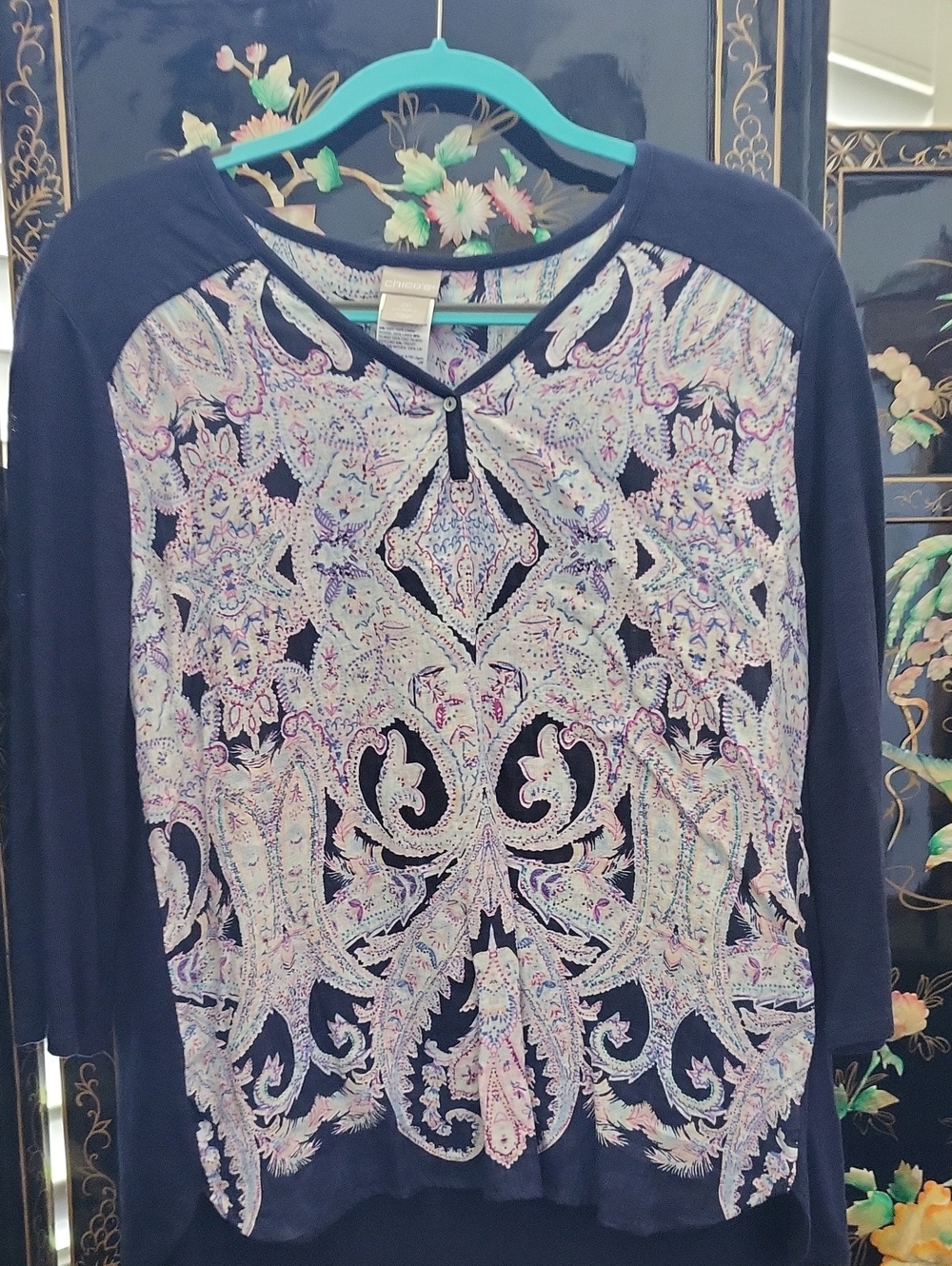Chico's Navy Paisley-Print Long Sleeve Henley Top